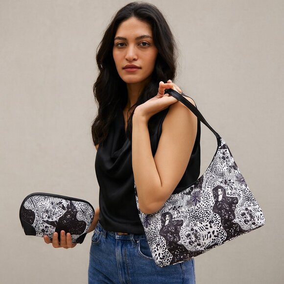 Black Print Sling Hobo & Cosmetic Bag Combo for Women – Fabric Shoulder Bag - Picture 2 of 5